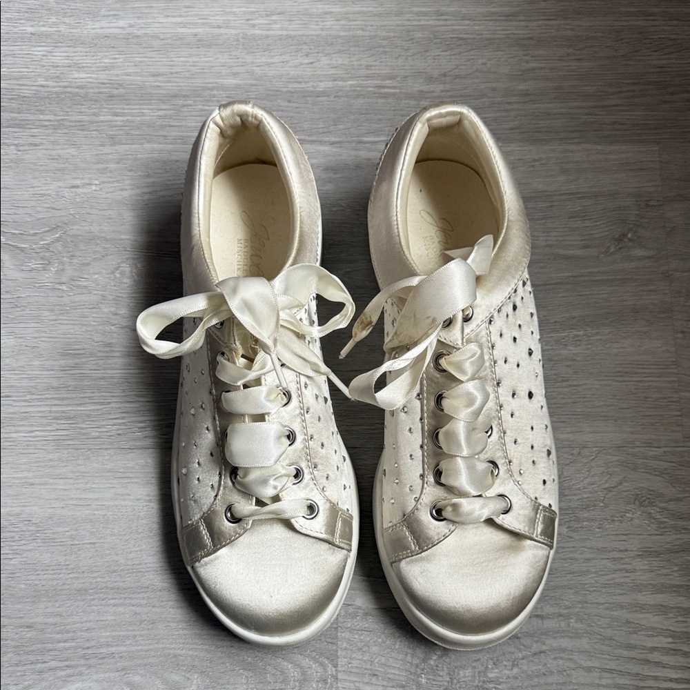 Badgley Mischka Satin Lace-Up Sneakers in Ivory with rhinestones